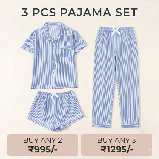 Classic Blue Stripe 3-Piece Women’s Pajama Set