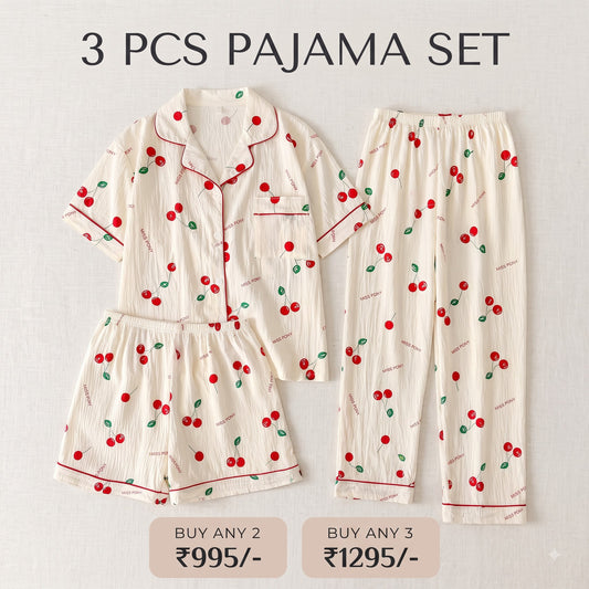 Cherry Print 3-Piece Women’s Pajama Set – Ivory