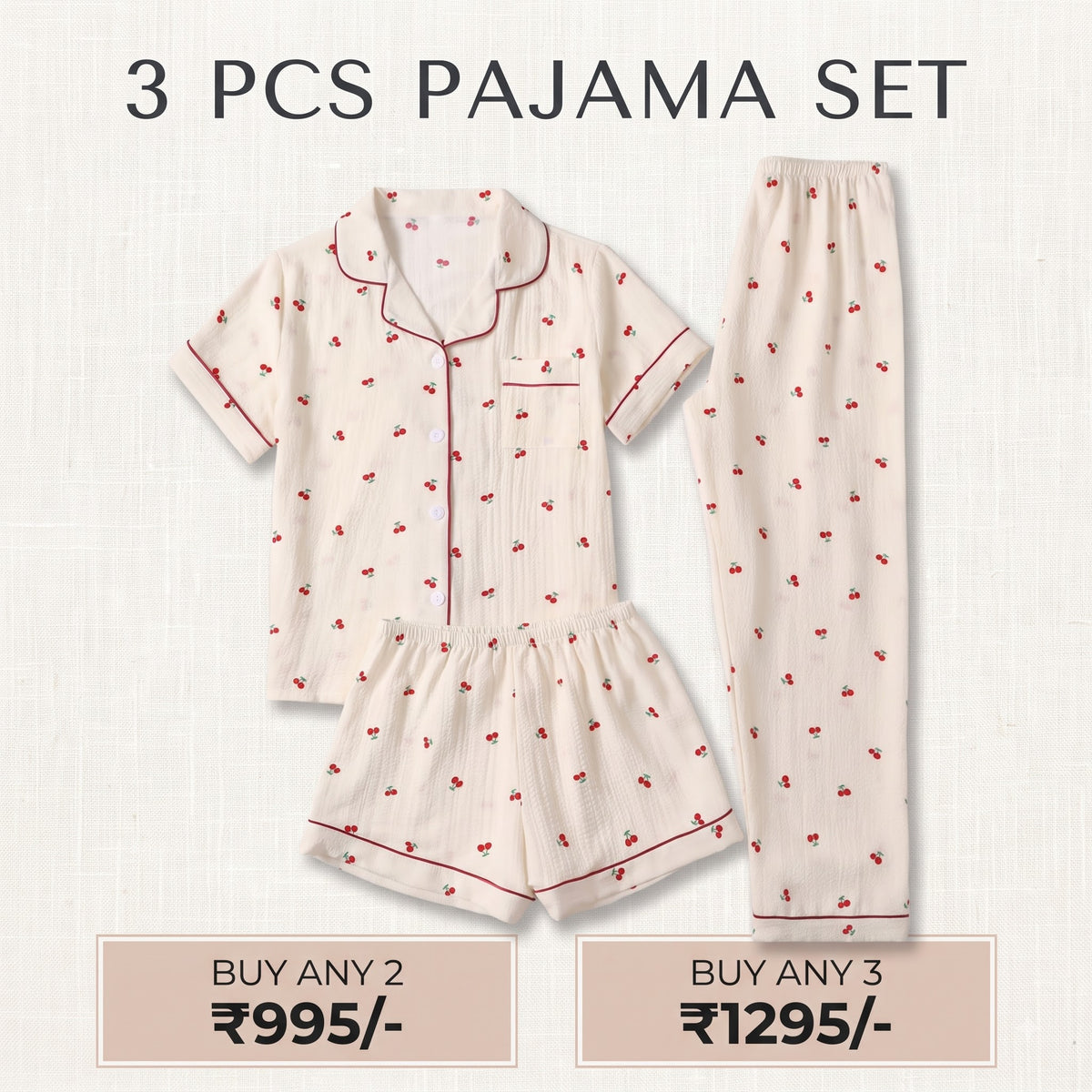Cherry Blossom 3-Piece Women’s Lounge & Sleepwear Set – Ivory