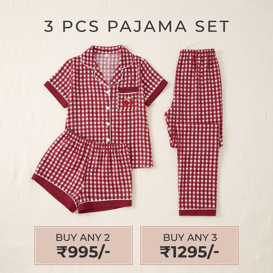 Cherry Gingham 3-Piece Women’s Pajama Set – Burgundy
