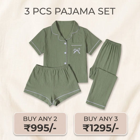 Sage Green Solid 3-Piece Women’s Pajama Set