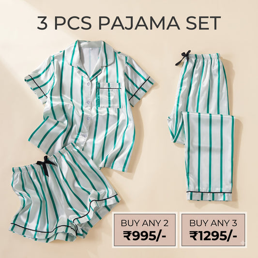 Emerald Stripe Satin 3-Piece Women’s Pajama Set