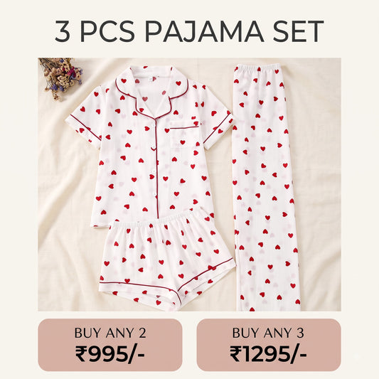 Heart Print 3-Piece Cotton Nightwear Set