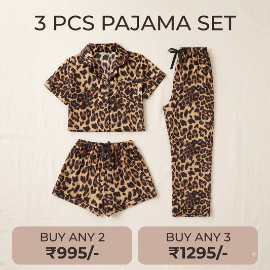Wild Leopard Print Satin 3-Piece Women’s Pajama Set