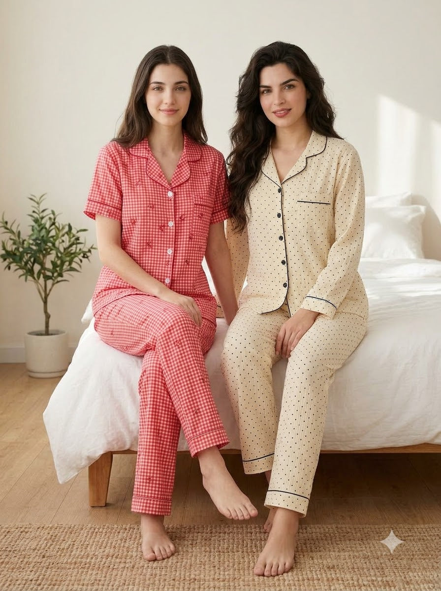 Cherry Dots Duo – Printed Cotton Pajama Set | Pack of 2