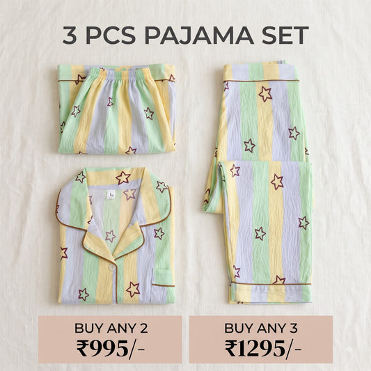 Pastel Star Stripe 3-Piece Pajama Set – Shirt, Shorts & Pants
