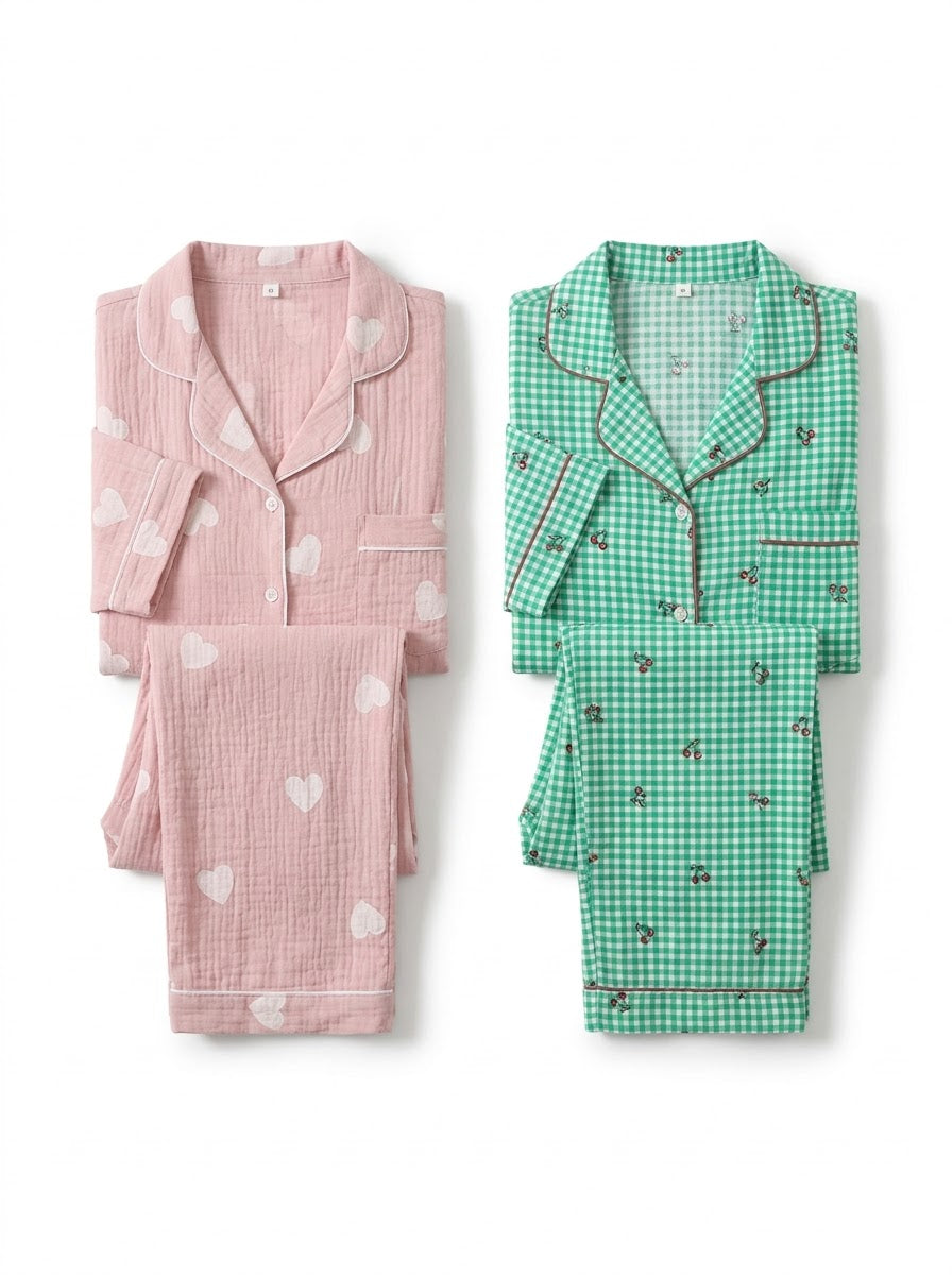 Blush & Mint Comfort Duo – Printed Cotton Pajama Set | Pack of 2
