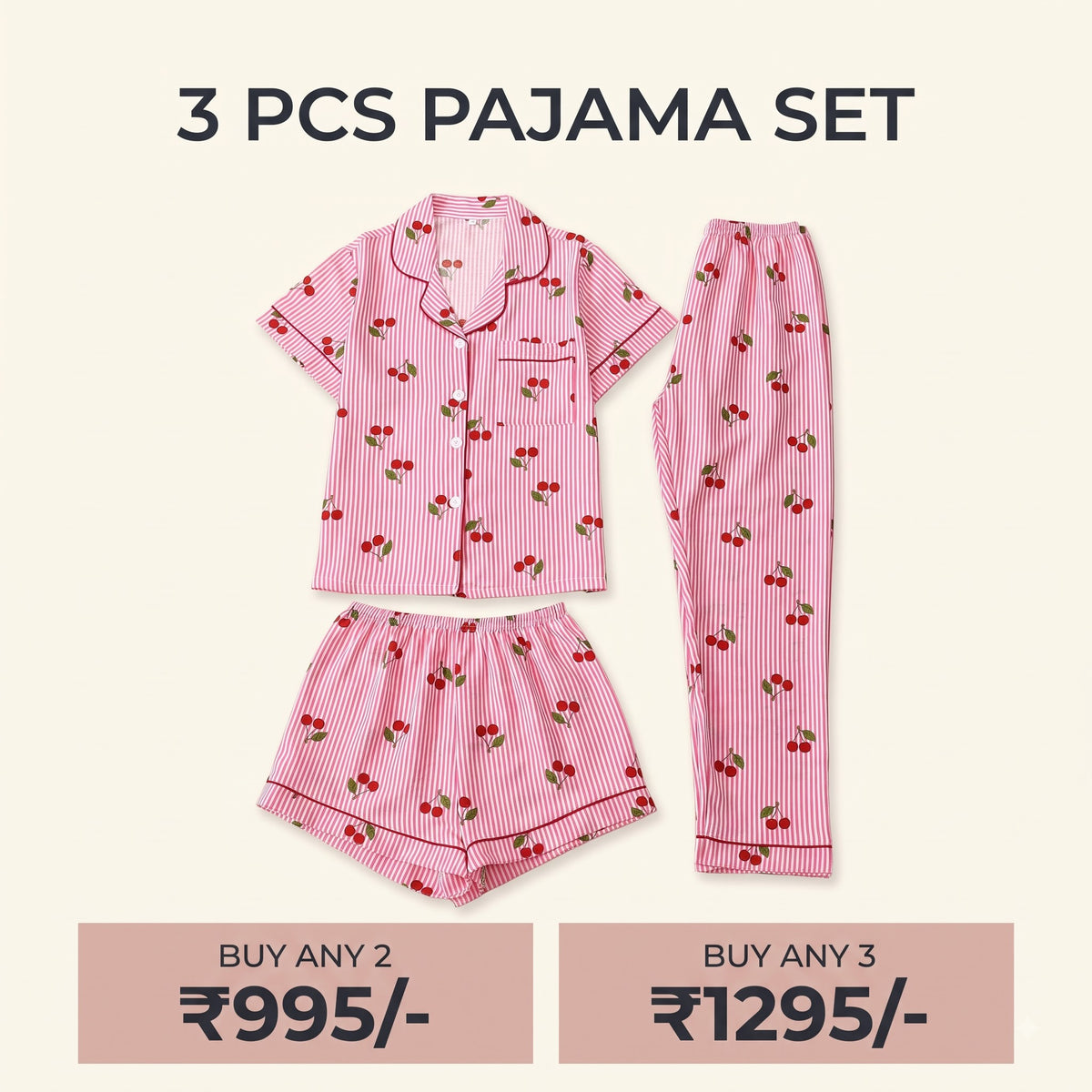 Cherry Print 3-Piece Nightwear Set