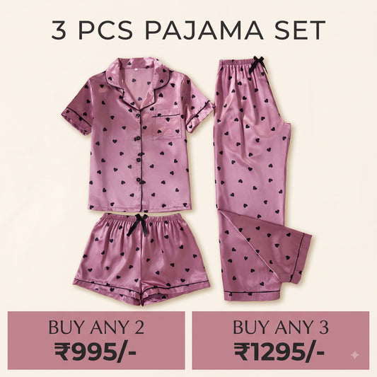 Rose Pink Satin Heart Print 3-Piece Women’s Pajama Set