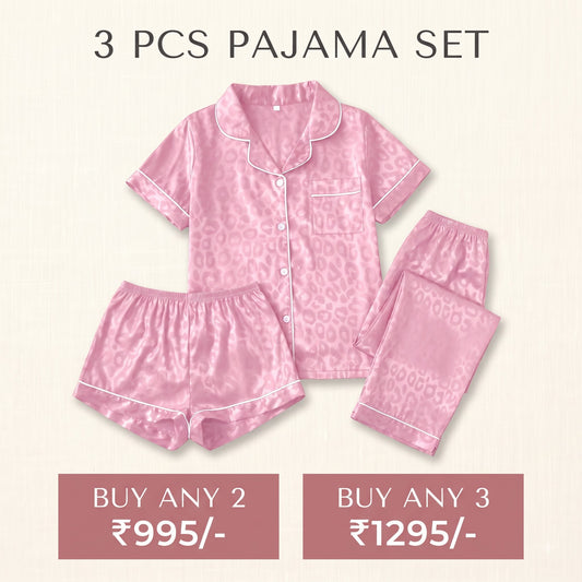 Blush Pink Satin Leopard Print 3-Piece Nightwear Set