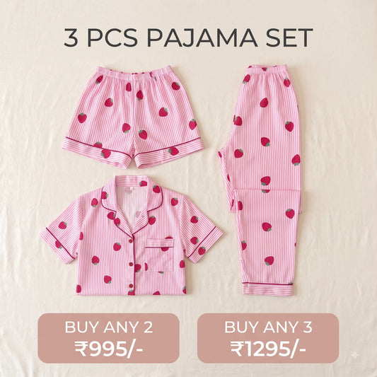 Strawberry Stripe 3-Piece Women’s Pajama Set – Pink