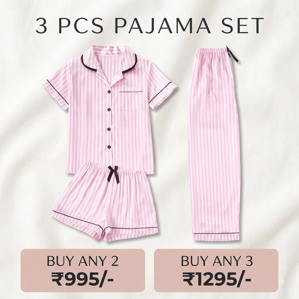 Blush Pink Stripe 3-Piece Women’s Pajama Set