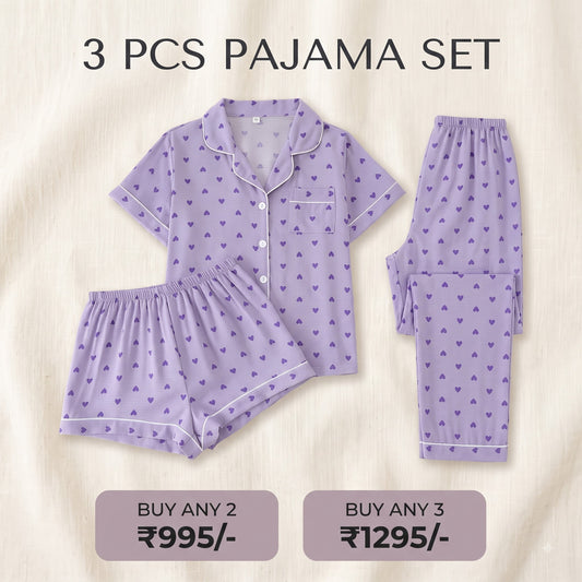 Lavender Heart Print 3-Piece Nightwear Set
