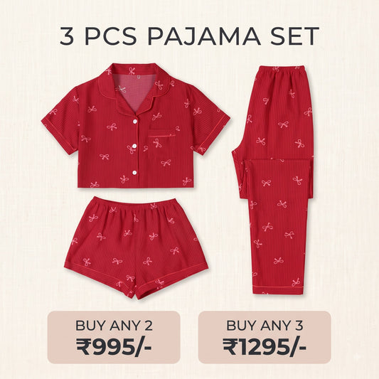 Cherry Red Bow Print 3-Piece Women’s Pajama Set