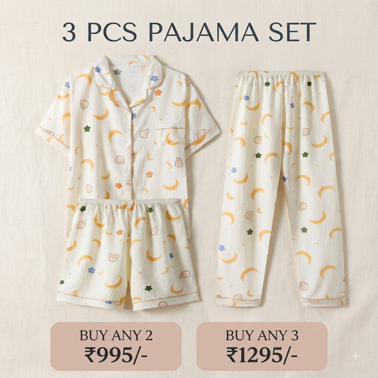 Moonlight Teddy 3-Piece Pajama Set – Shirt, Shorts & Pants