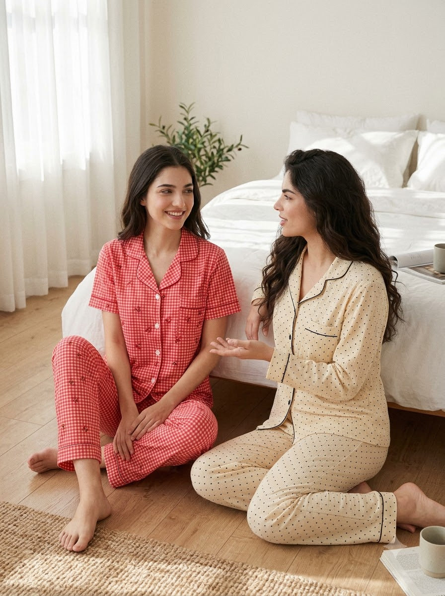 Cherry Dots Duo – Printed Cotton Pajama Set | Pack of 2