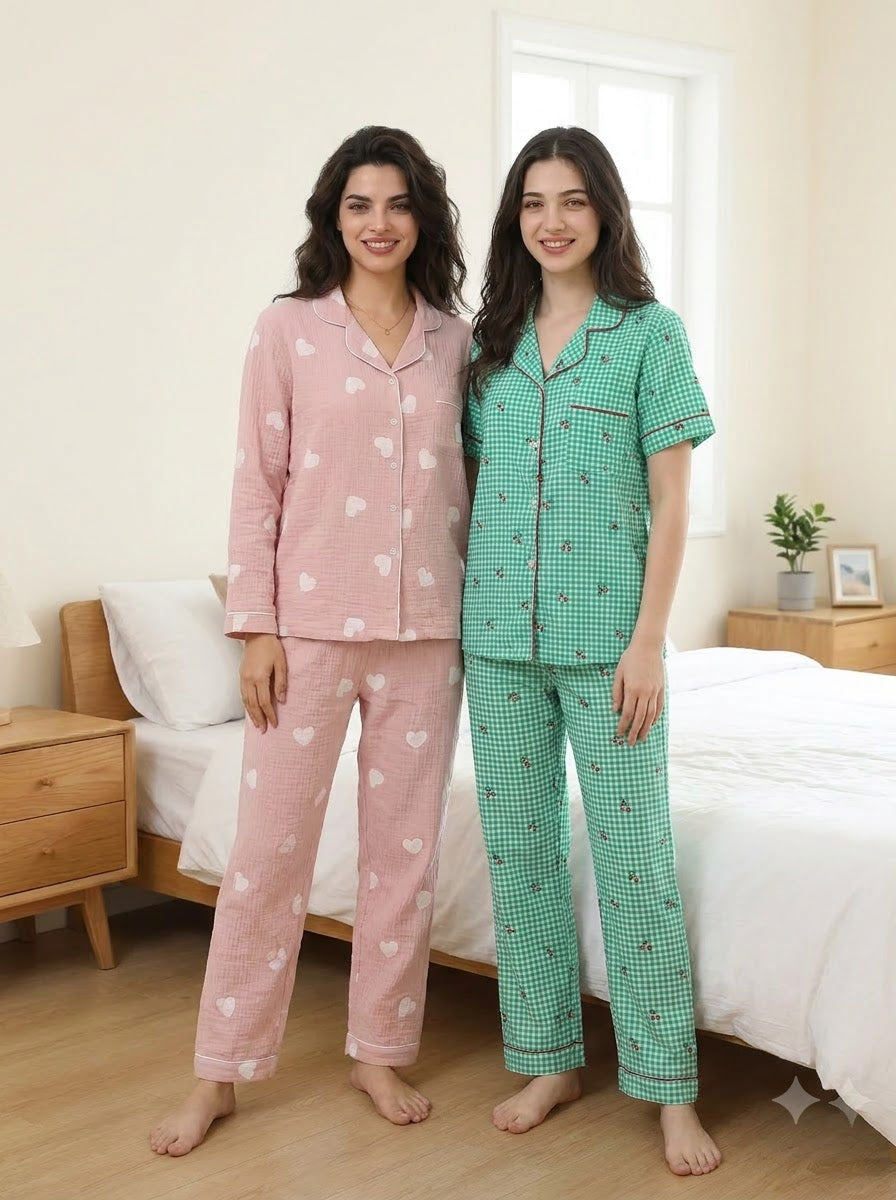Blush & Mint Comfort Duo – Printed Cotton Pajama Set | Pack of 2