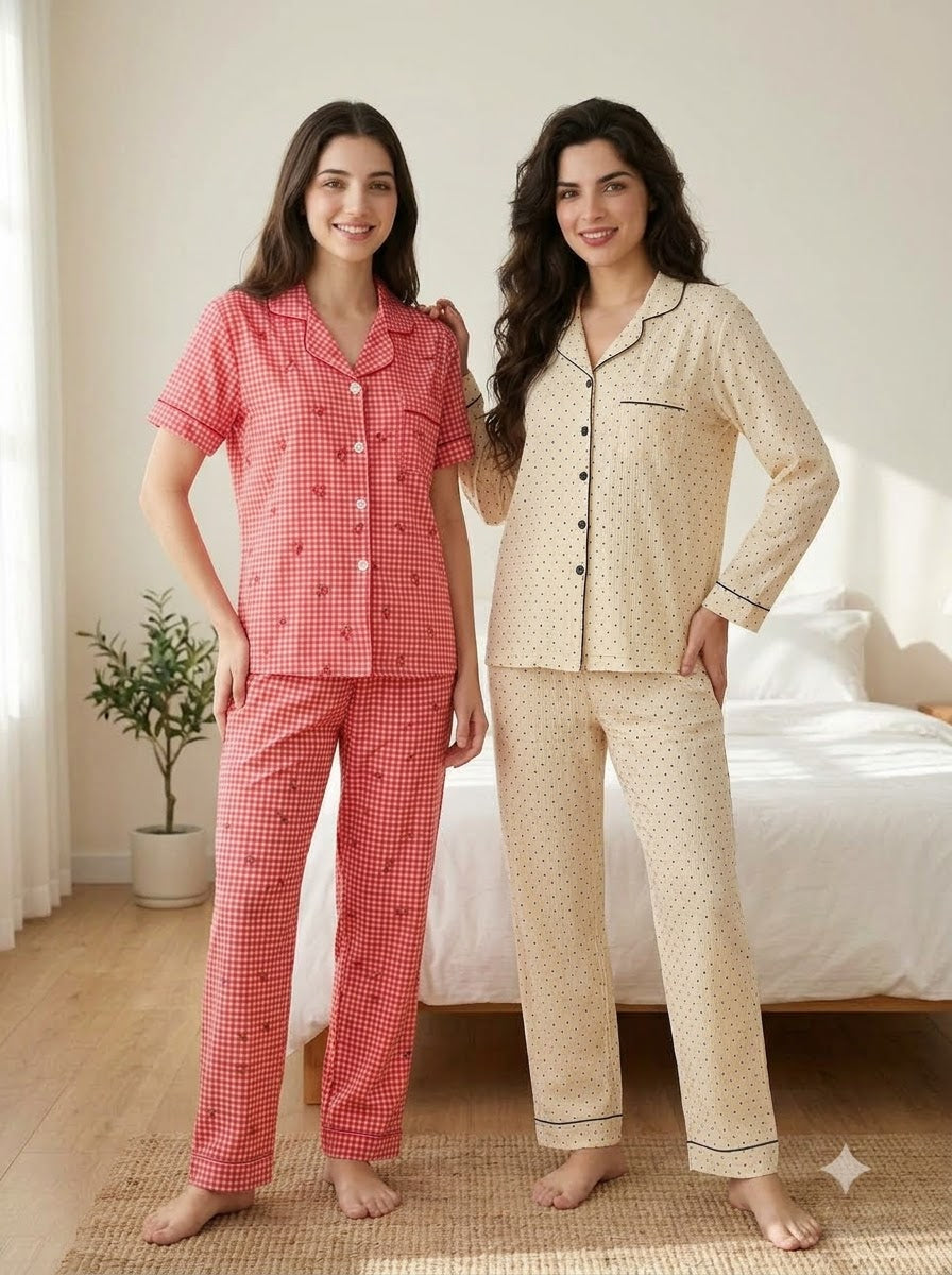 Cherry Dots Duo – Printed Cotton Pajama Set | Pack of 2