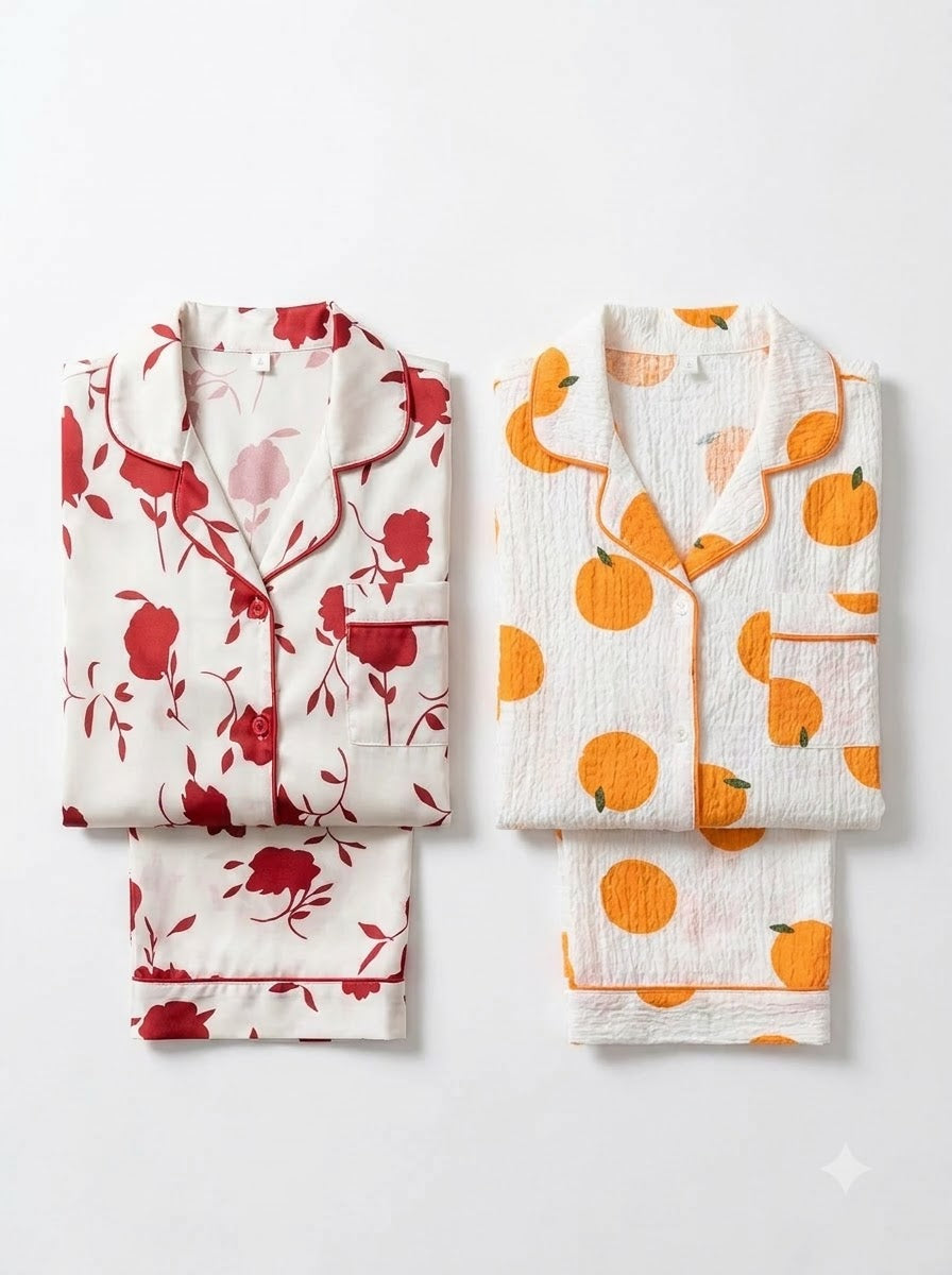 Bloom & Citrus Duo – Printed Pajama Set | Pack of 2