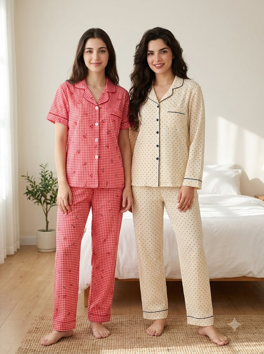 Cherry Dots Duo – Printed Cotton Pajama Set | Pack of 2