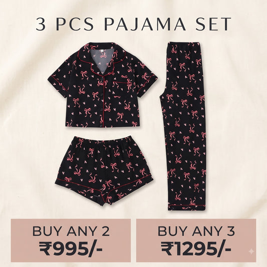 Midnight Bow & Heart Print 3-Piece Women’s Pajama Set