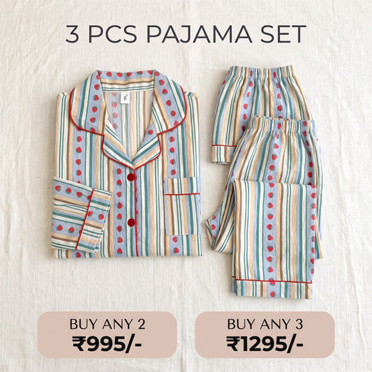 Strawberry Stripe Dream 3-Piece Pajama Set – Shirt, Shorts & Pants