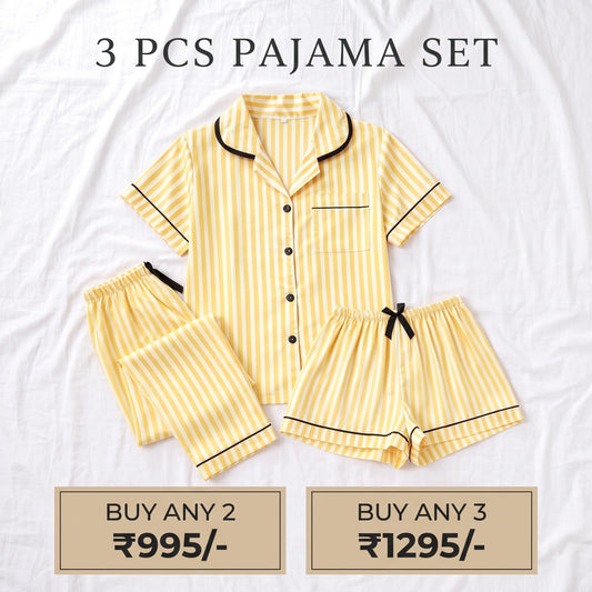 Sunshine Yellow Stripe 3-Piece Women’s Pajama Set