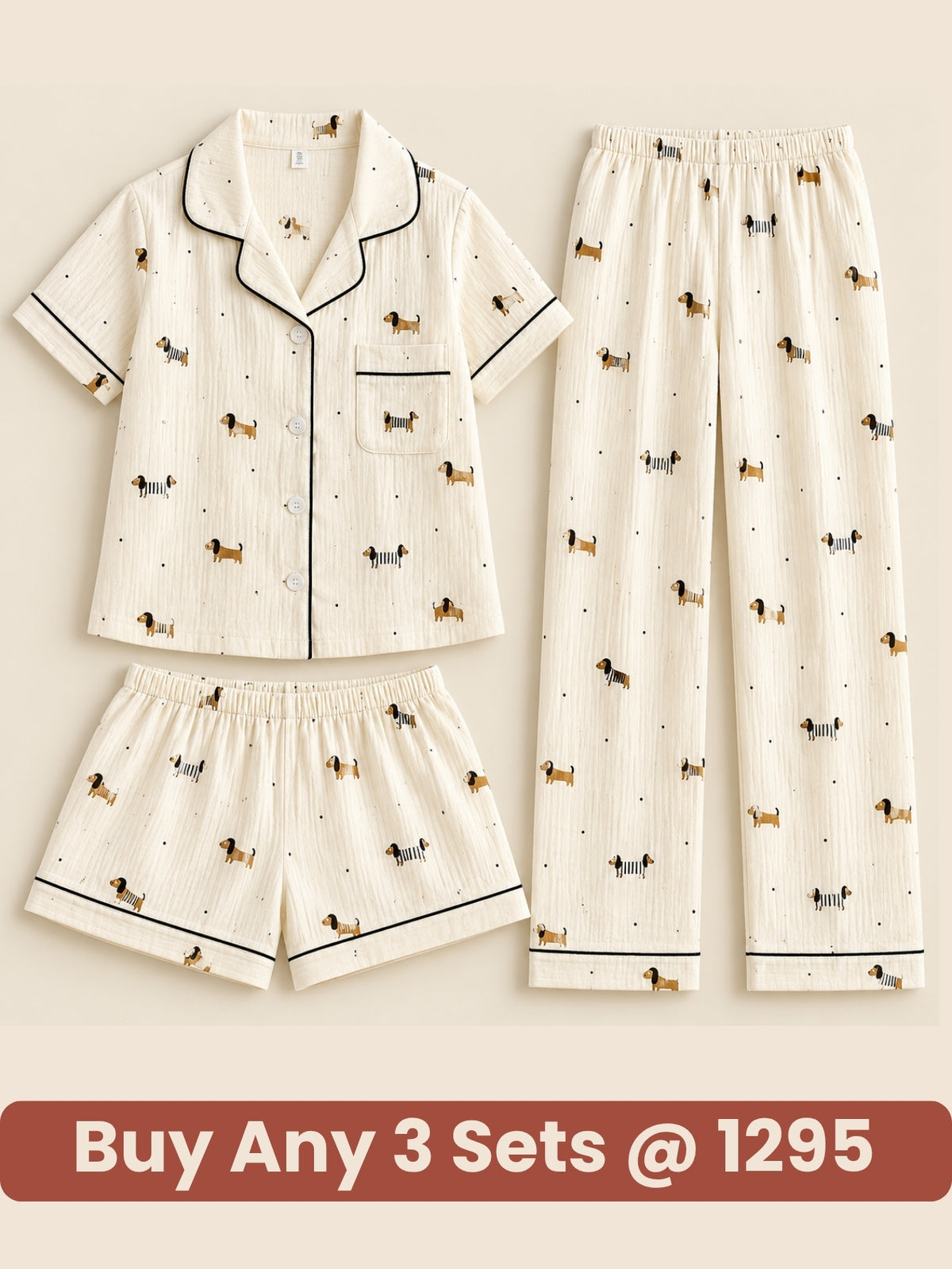 Creamy Pup Chic 3-Piece Pajama Set