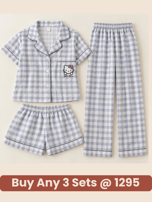 Hello Kitty Cloud Check 3-Piece Pajama Set – Shirt, Shorts & Pants