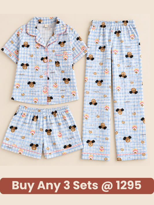 Cozy Bear Check 3-Piece Pajama Set – Shirt, Shorts & Pants