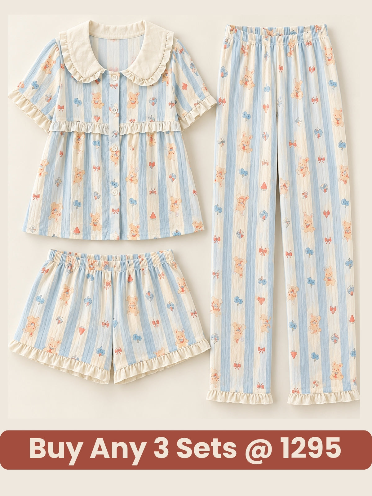Blue Bunny Stripe 3-Piece Pajama Set