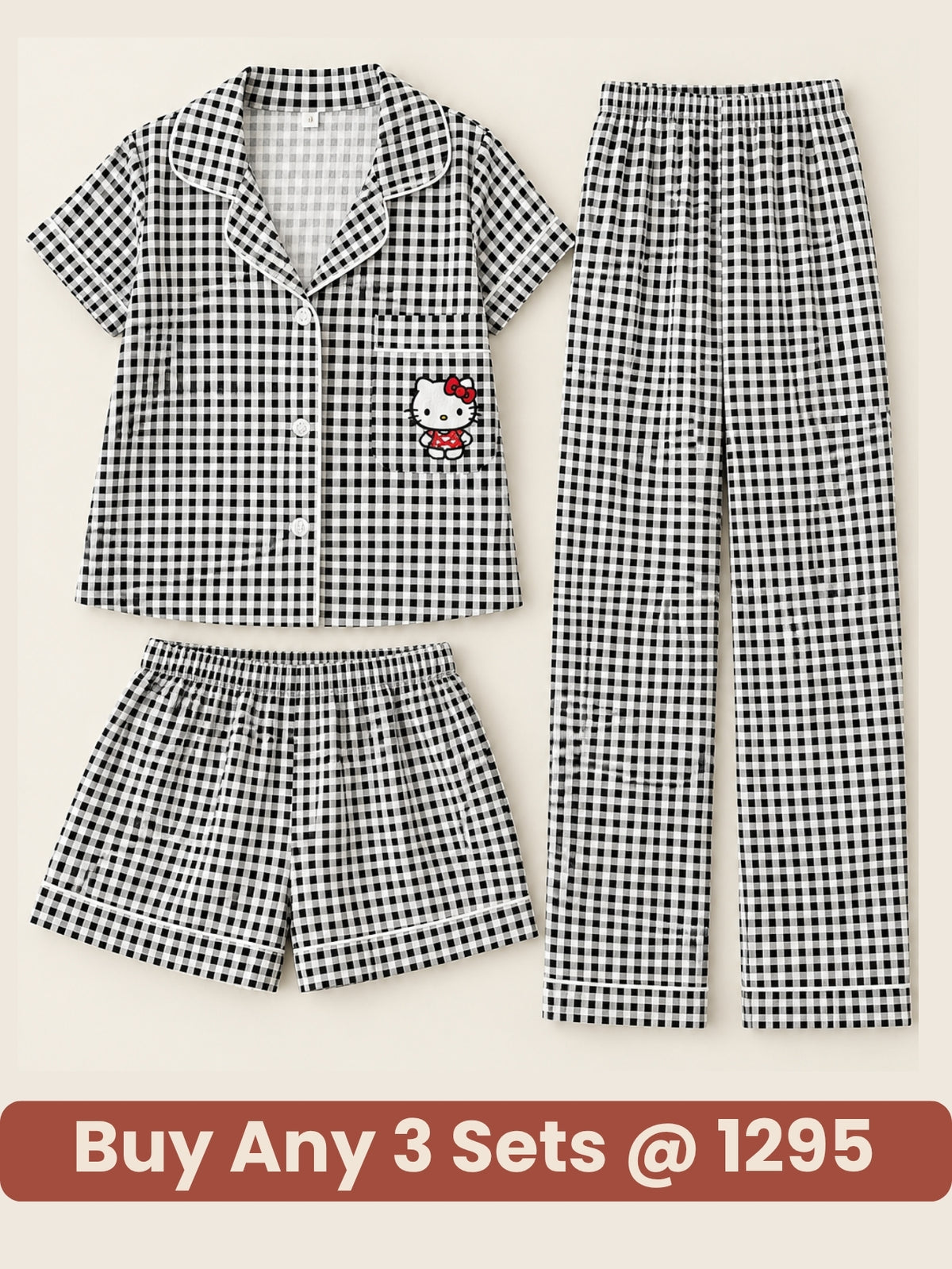 Midnight Check Kitty 3-Piece Pajama Set