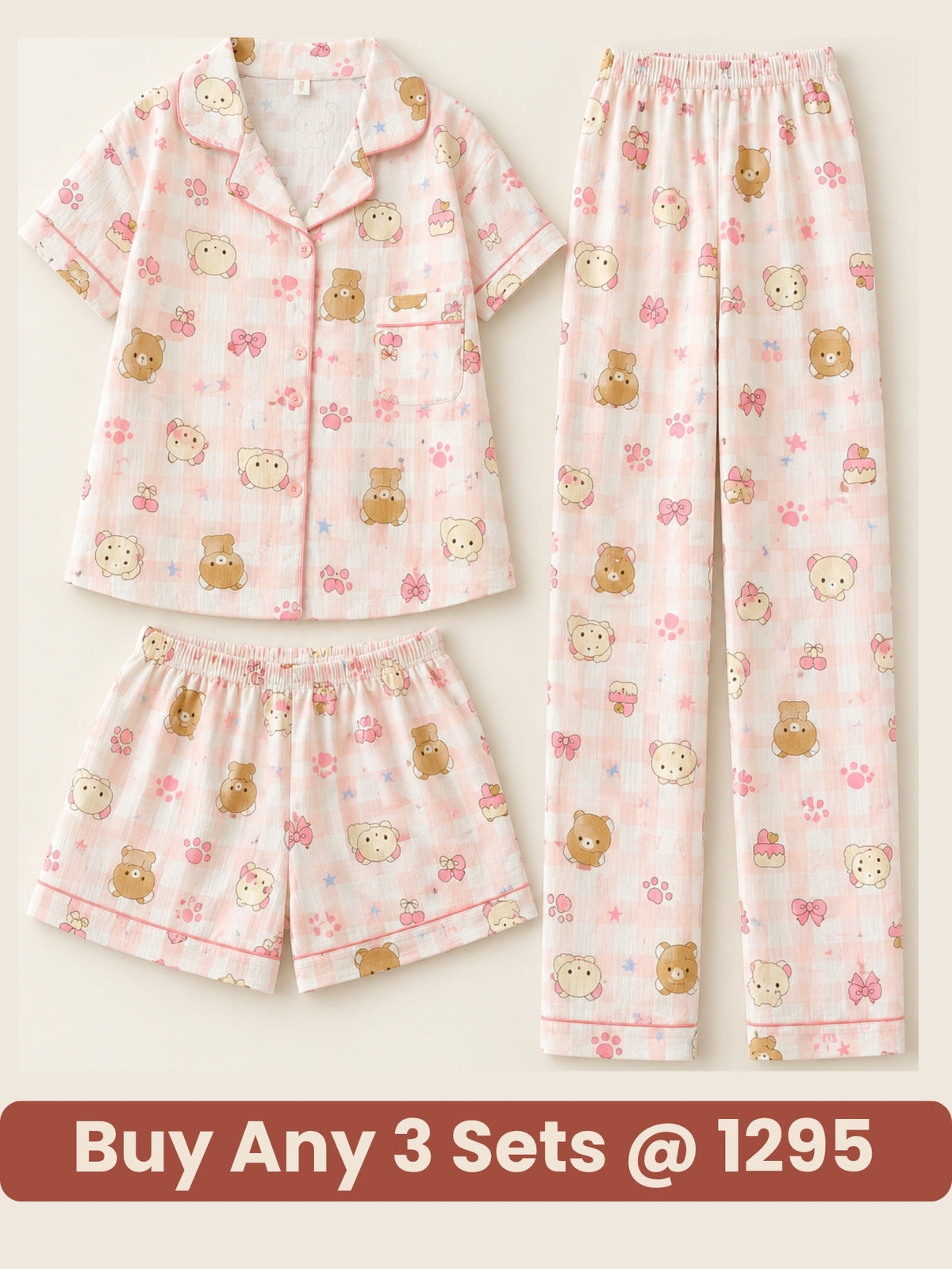 Pink Teddy Dream 3-Piece Pajama Set – Shirt, Shorts & Pants