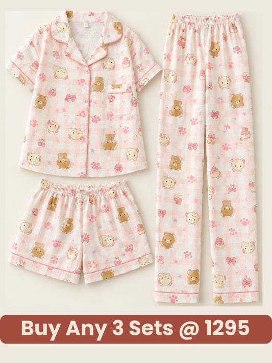 Pink Teddy Dream 3-Piece Pajama Set – Shirt, Shorts & Pants