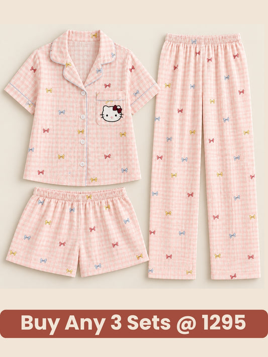 Blush Kitty Bow Check 3-Piece Pajama Set – Shirt, Shorts & Pants