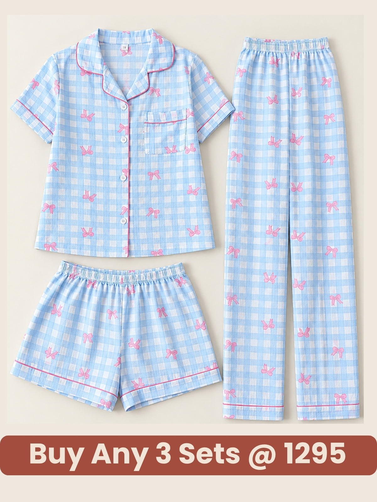 Blue Bow Bliss 3-Piece Pajama Set