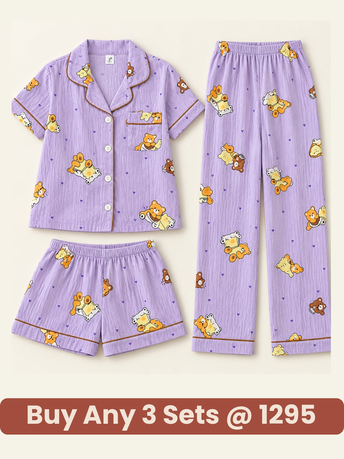 Lavender Teddy 3-Piece Pajama Set – Shirt, Shorts & Pants
