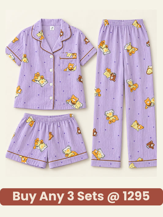 Lavender Teddy 3-Piece Pajama Set – Shirt, Shorts & Pants