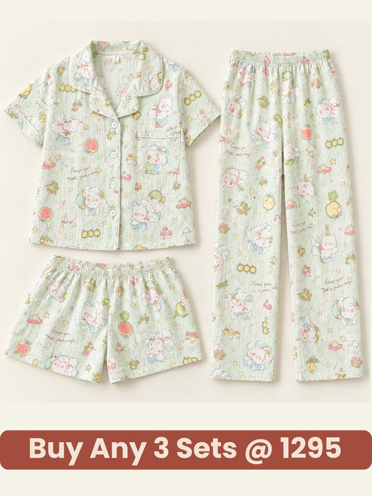 Minty Magic Cartoon 3-Piece Pajama Set – Shirt, Shorts & Pants