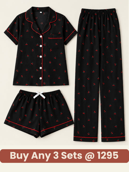 Midnight Cherry 3-Piece Pajama Set – Shirt, Shorts & Pants