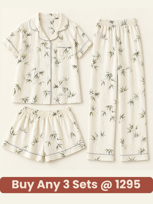 Olive Leaf Serenity 3-Piece Pajama Set – Shirt, Shorts & Pants