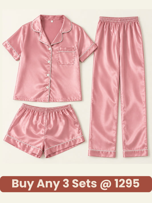 Blush Satin Luxe 3-Piece Pajama Set