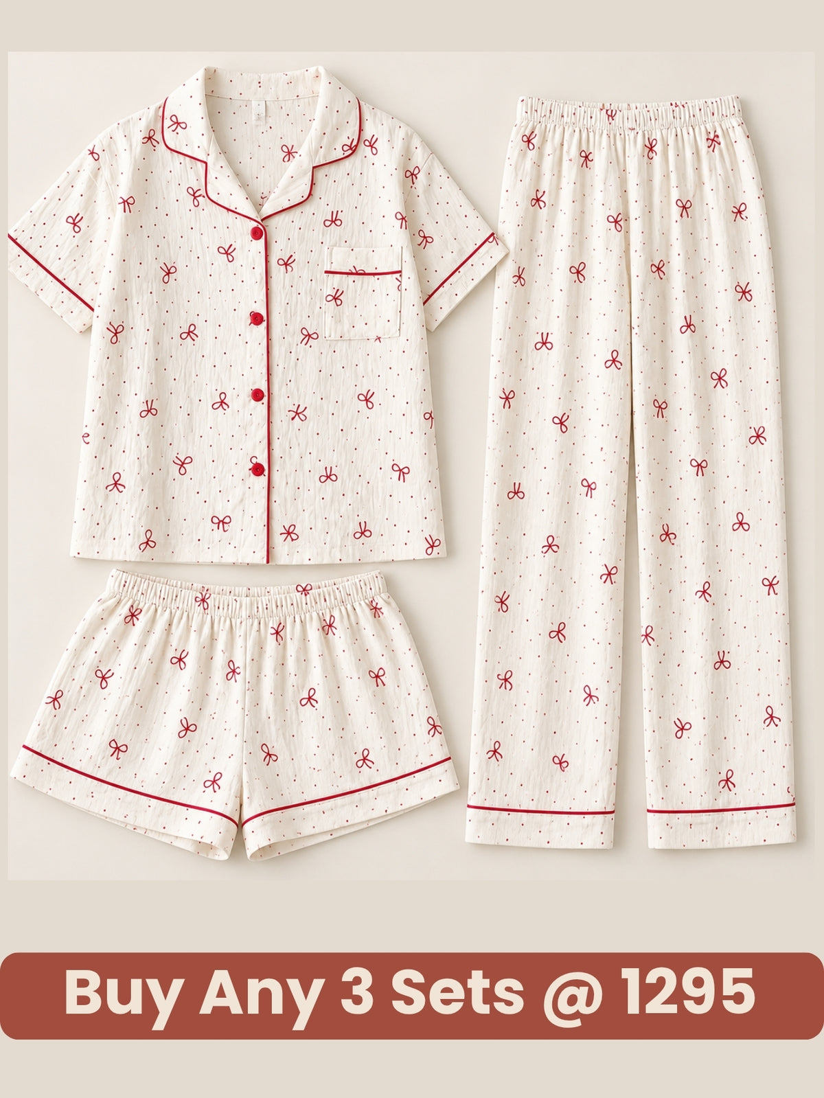 Cherry Bow Dream 3-Piece Pajama Set – Shirt, Shorts & Pants