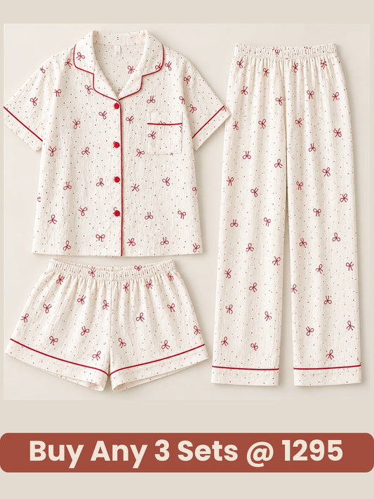 Cherry Bow Dream 3-Piece Pajama Set – Shirt, Shorts & Pants