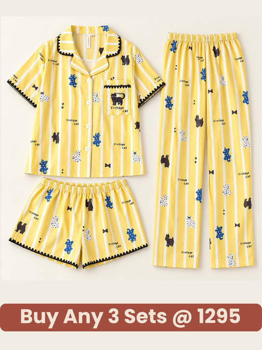 Vintage Cat Print 3-Piece Women’s Pajama Set – Sunshine Yellow