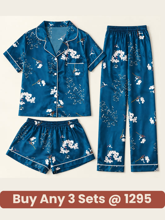 Midnight Bloom Satin 3-Piece Pajama Set