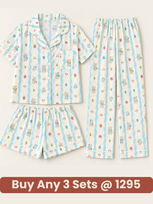 Blueberry Bear Stripe 3-Piece Pajama Set