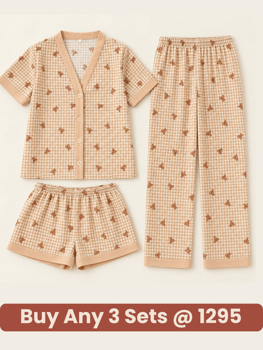 Teddy Bear Checkered 3-Piece Nightwear Set