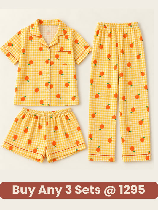 Orange Print Checkered 3-Piece Nightwear Set