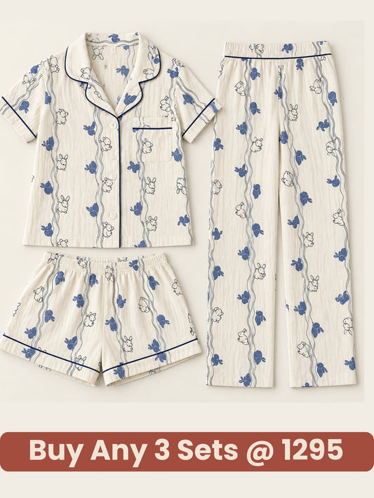 Midnight Bunny 3-Piece Pajama Set – Shirt, Shorts & Pants